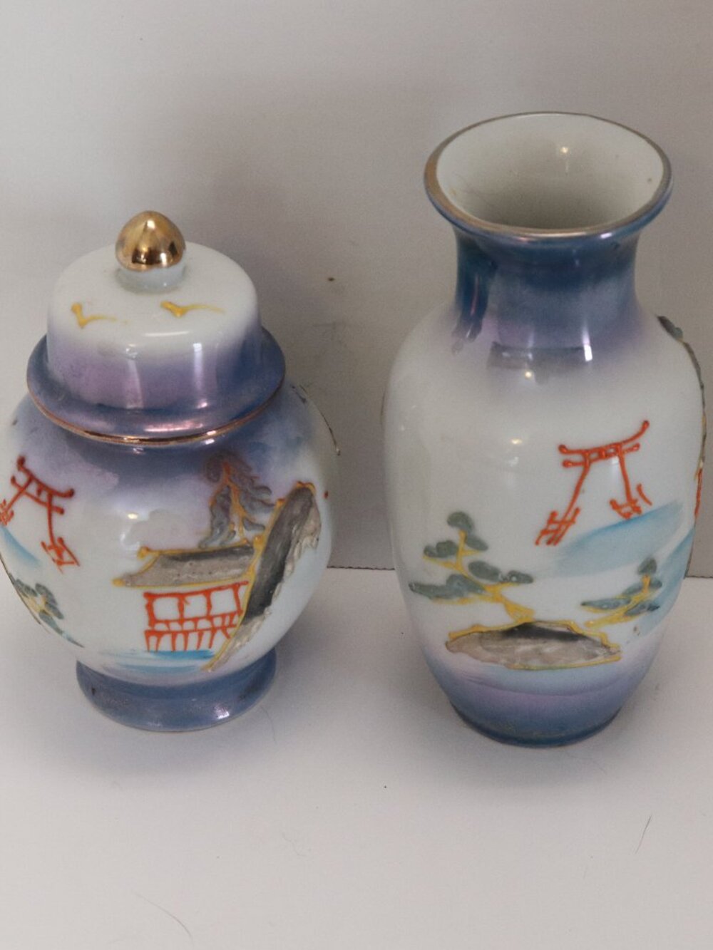 Pair of Miniature Porcelain Vase and Urn Stamped Japan with 3D Items